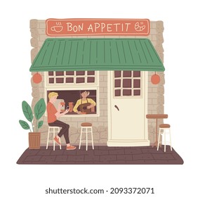 Man drinks coffee outside of cafe building, flat vector illustration isolated on white background. Barista employee makes drink. Restaurant facade exterior in old city.