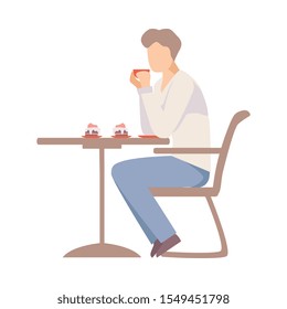 Man drinks coffee at a table in a cafe. Vector illustration.