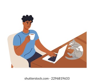 Man drinks coffee and works on a laptop, cat lies on the table nearby. Concept of Pet Friendly Cafe. Flat vector illustration.