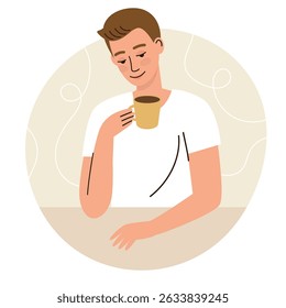 A man drinks coffee.Morning routine.The man in the cafe.Flat vector cartoon illustration
