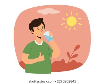 Man drinks cold water. Need to drink water on a hot summer sunny day. Risk of heat stroke, dizziness, or malaise. Isolated vector illustration.