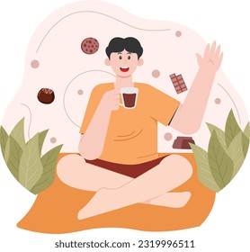 Ein Mann trinkt heiße Schokolade auf der Illustration zum Weltschokoladentag