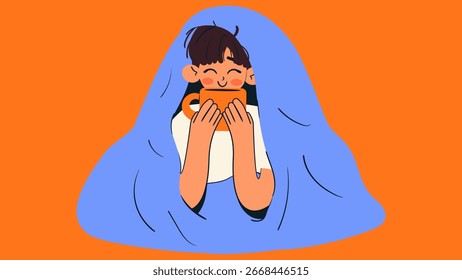 Man drinks hot drink wrapped in a warm blanket. Boy enjoying good morning. Isolated vector illustration.	