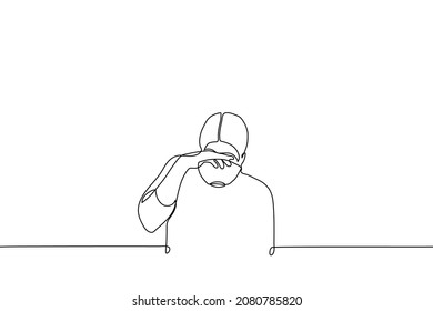 man drinks from large bowl - one line drawing vector. concept of drinking broth from soup tureen, large cup without handles 