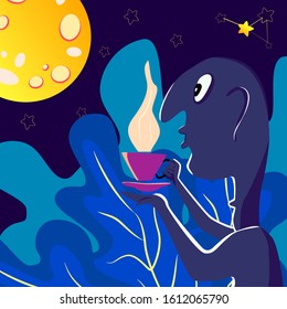 A man drinks magic coffee against the background of the moon and night sky. Blue colors, bright picture. Design, illustration, vector.