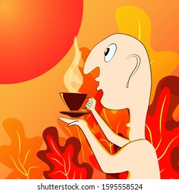 A man drinks magic coffee at sunrise. Red, orange flowers and bushes, bright background, orange sun. Illustration design, vector.