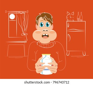 A man drinks milk in the kitchen at night. Vector Illustration