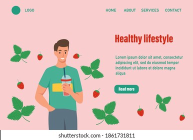 A man drinks a strawberry smoothie landing page. The concept of proper nutrition and a healthy lifestyle. Website homepage landing web page template Vector illustration