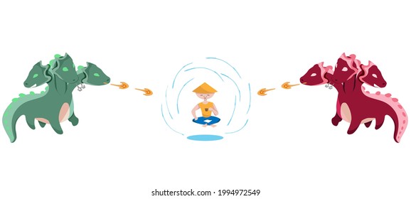 A man drinks tea, two dragons breathe fire on him. The concept of calmness and tranquility. Flat vector illustration.