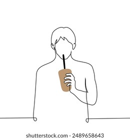 Der Mensch trinkt aus dem Imbiss-Glas durch den Strohhalm - One Line Art Vektorgrafik. Handgemachte Vektorgrafik nicht KI