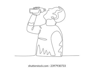 A man drinks water from a bottle. World water day one-line drawing