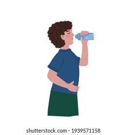 Un hombre bebe agua de una botella de plástico. El concepto de consumo humano de agua potable. Ilustración vectorial en un estilo plano. Ilustración del vector