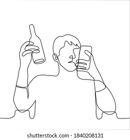 man drinks while surfing online. one line drawing of an alcoholic looking at the phone while reading the news 
 or watching a video
