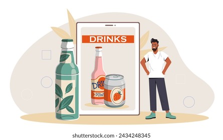 Man with drinks. Young guy near soda with strawberry and mint. Beverage and tasty liquids. Cold drinks and cocktails for hot weather. Cartoon flat vector illustration isolated on white background