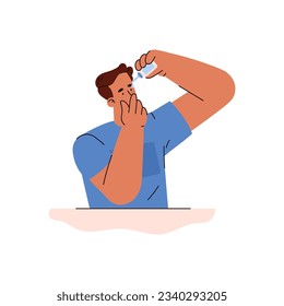 Man dripping a drop moisturizing liquid into the eye, therapy treatment to improve vision correction. Dry eye syndrome and medical eye care vector cartoon illustration isolated on white background.