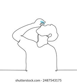 Man Tropfende Augentropfen - One Line Art Vektorgrafik. Konzept Augenschmerzen, Bindehautentzündung. Handgemachte Vektorgrafik nicht KI