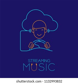 Man drive car with cloud connect, Steering wheel shape made from cable, Streaming music concept design illustration isolated on dark blue background, with copy space