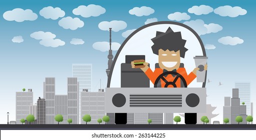 Man drive and eat in a car Vector illustration. Safety concept