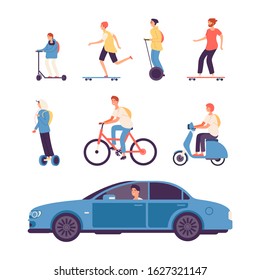 Man drive. Guys on scooter and bike, gyro scooter and skateboard. Male driving car vector illustration