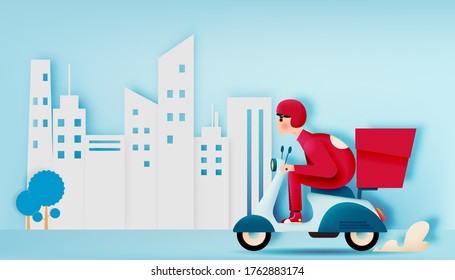 A man drive a scooter motorbike for delivery business with paper art style and pastel colorful scheme