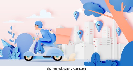 A man drive a scooter motorbike for delivery business with paper art style and pastel colorful scheme