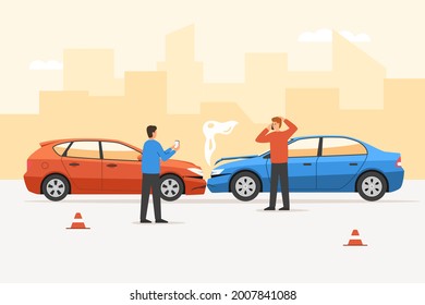 Man driver after car accident talking phone calling for help. Angry male character after automobile bumper traffic collision using telephone for calling insurance agent service vector illustration