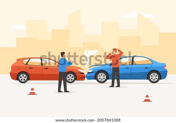 Man driver after car accident talking phone\
calling for help. Angry male character after automobile bumper\
traffic collision using telephone for calling insurance agent\
service vector\
illustration