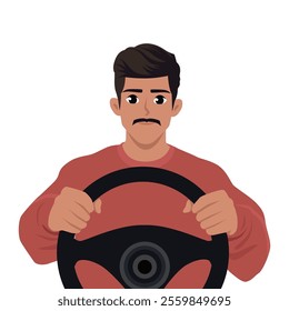 Man Driver Character Holding Hands on a Steering Wheel. Flat Vector character illustration