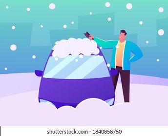 Man Driver Character Stand at Auto Cleaning Car Window and Roof with Brush from Ice and Snow at Winter Time after Night Blizzard. Driver Care of Automobile on Street. Cartoon Vector Illustration