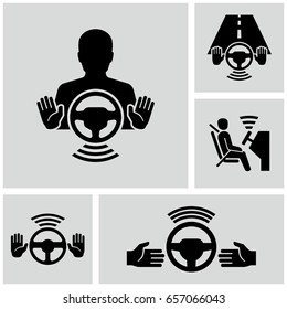 Man driver driving in self mode autonomous vehicle vector icons 