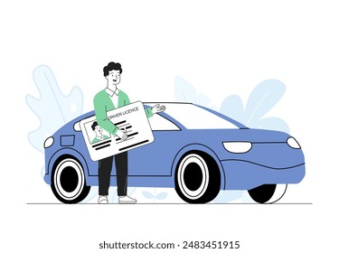 Hombre con licencia de conducir. Joven con documento Grande cerca de un automóvil. Permiso para conducir. Conductor con tarjeta de identificación cerca del transporte. Ilustración vectorial lineal aislada sobre fondo blanco