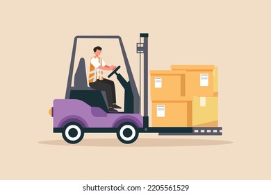 Man driver lifting package using forklift. Shipment and logistic concept. Colored flat vector illustration.