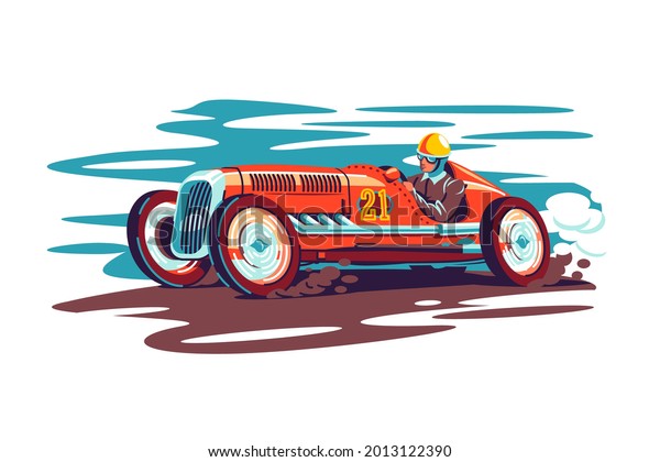 Man driver in red race car vector\
illustration. Kart racing winner wearing helmet flat style. Guy in\
auto on race track. Sport cat, competition, retro concept. Isolated\
on white background