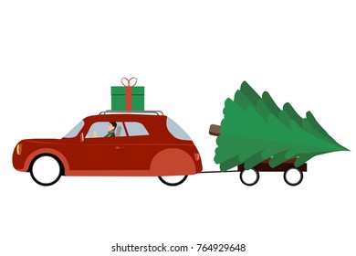 Man driver in a retro car on white background. In the car trailer is a large Christmas tree.  Vector illustration. 