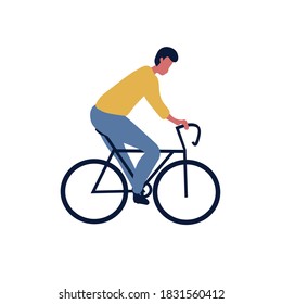Man driver sitting on bicycle flat cartoon. Vector illustration of a character. Cyclist isolated on white background