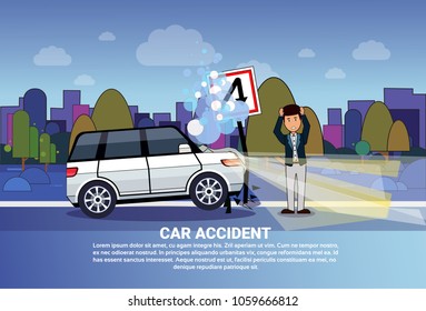 Man Driver Standing At Broken Car On Road At Night Over Silhouette City Background With Copy Space Vehicle Accident Concept