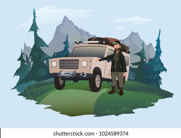 Man driver stands next to the SUV on a forest road. Jeeping emblem. Traveling by off-road car. Vector illustration, isolated on light background.