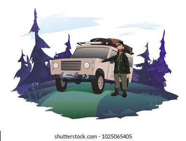 Man driver stands next to the SUV on a forest road. Jeeping emblem. Traveling by off-road car. Vector illustration, isolated on light background.