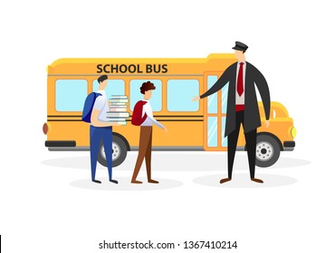 Man Driver in Uniform Meeting School Boys in Front of Yellow Bus Doors Isolated on White Background. Pupils Going to College from Home. Boys Classmates. Cartoon Flat Vector Illustration. Clip Art.