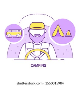 Man driver van tourist camp tent icon outline.Flat line art vector outline.