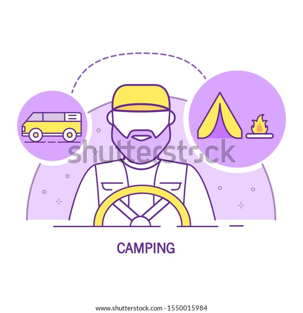 Man driver van tourist camp tent icon
outline.Flat line art vector
outline.