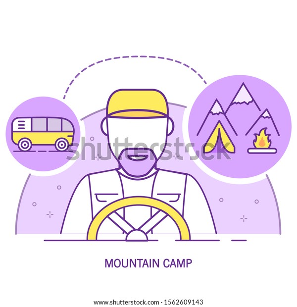 Man driver van tourist camp tent icon\
outline.Flat line art vector\
outline.
