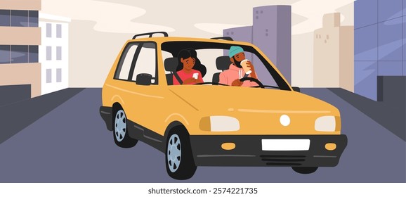 Man driver and woman passenger young loving couple riding car through cityscape with residential apartment building cartoon scene. Roadway trip and automotive adventure together vector illustration