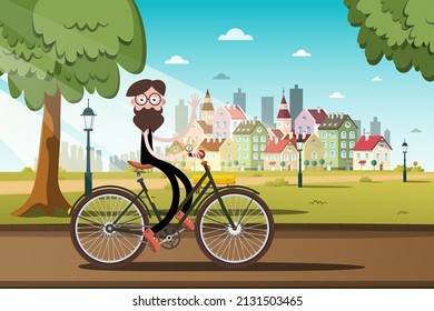 Man drives a bike with morning city park on background - vector cartoon