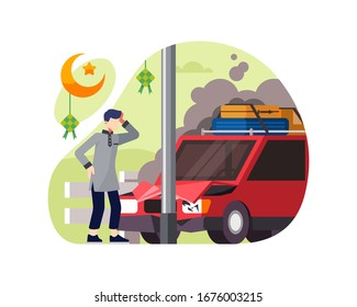 A Man Drives A Car And Crashes Into A Pole When He Wants To Go On The Ramadan Holiday Vector