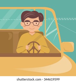 Man drives the car. Vector isolated illustration. Cartoon character. 