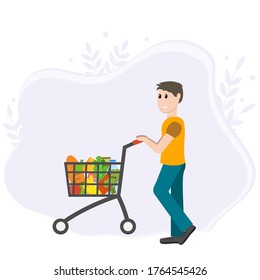 a man drives a cart with products in the flat style, color, isolated illustration on a white background, design, decoration