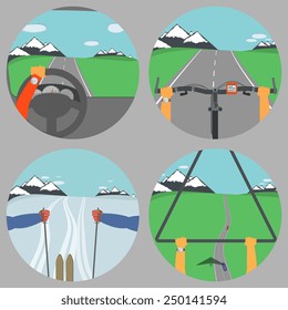 Man Drives Different Vehicle Types. Vector Illustration.