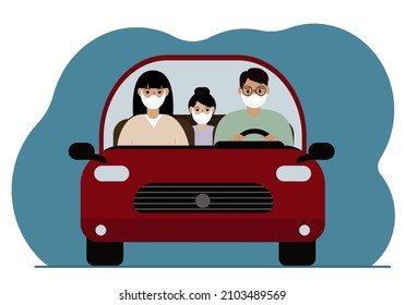 A man drives a red car next to a passenger and a small child in the back seat. Family in the car. Foreground. Everyone is wearing medical masks. Vector flat illustration