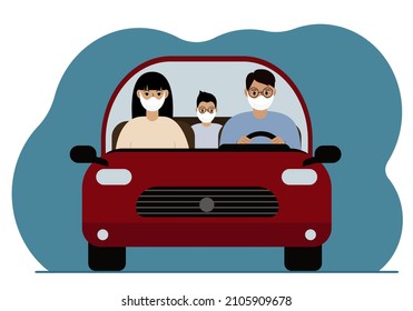 A man drives a red car next to a passenger and a small child in the back seat. Family in the car. Foreground. Everyone is wearing medical masks. Vector flat illustration